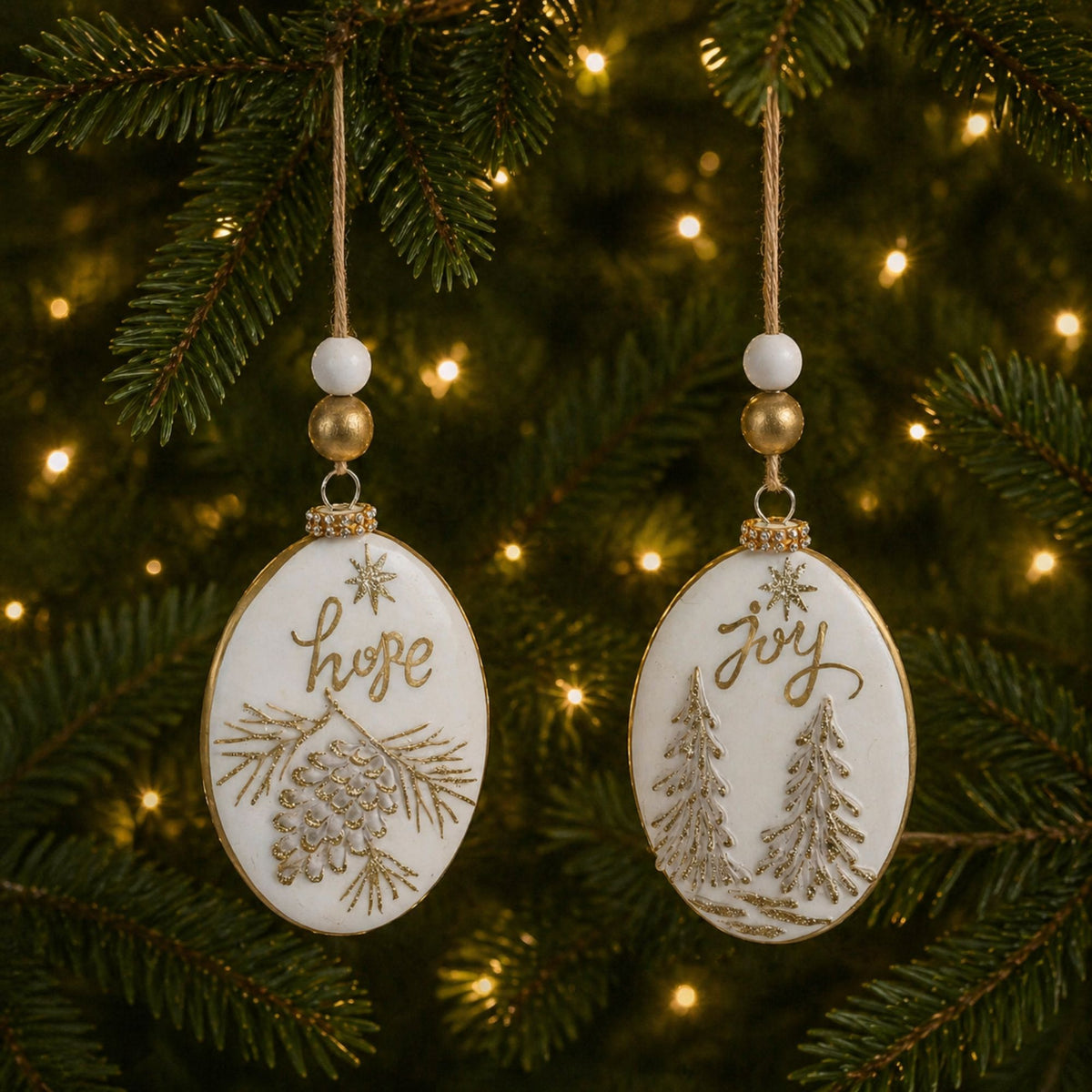 Glittered Glass Hope and Joy Ornament with Wood Beads (Set of 12) -Ship Only