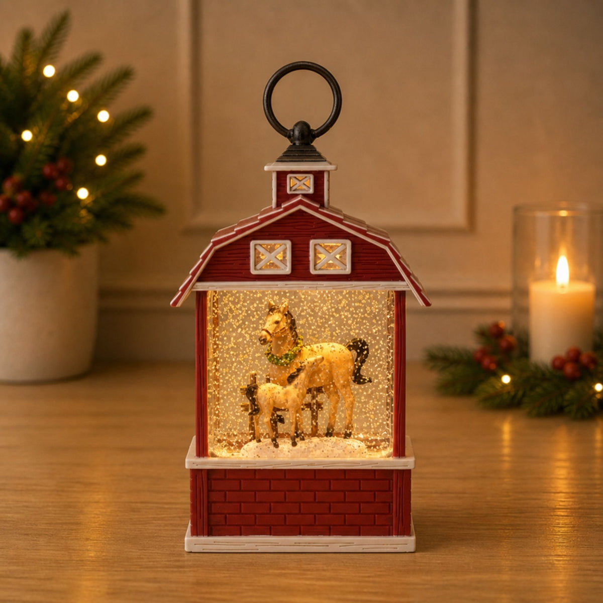 LED Horse Barn Snow Globe 11"H -Ship Only