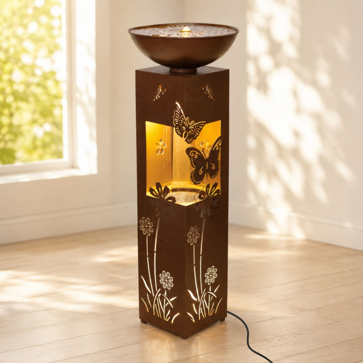 Floral and Butterfly Fountain 13.5"D x 36"H Metal UL Plug -Ship Only