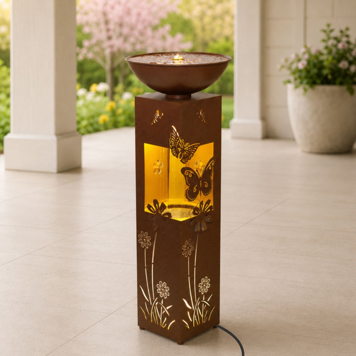 Floral and Butterfly Fountain 13.5"D x 36"H Metal UL Plug -Ship Only