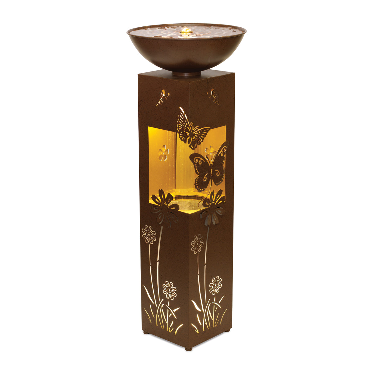 Floral and Butterfly Fountain 13.5"D x 36"H Metal UL Plug -Ship Only