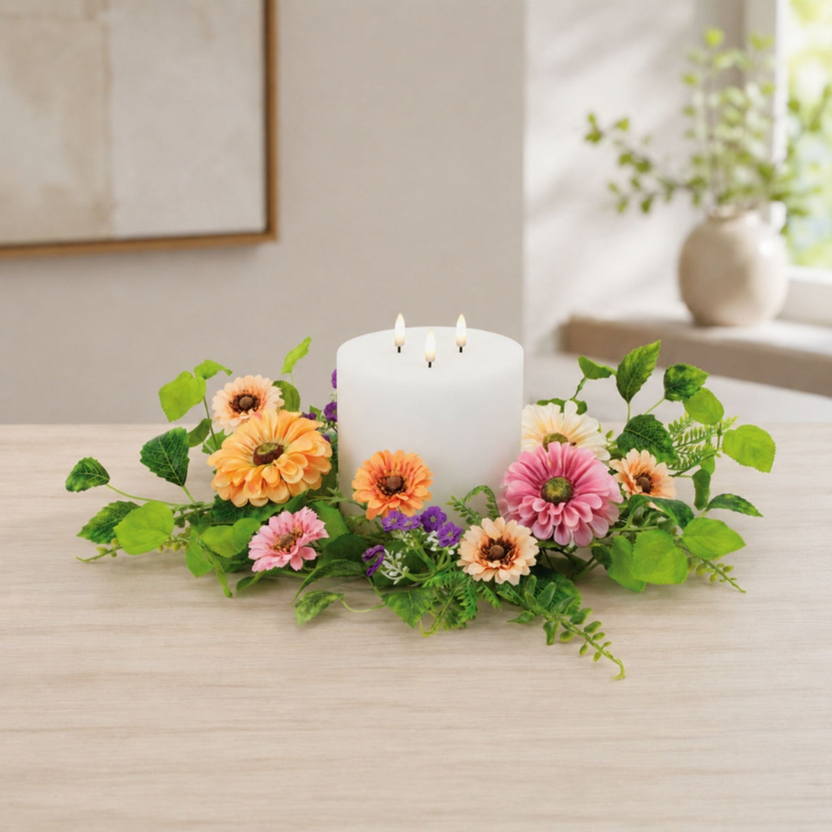 Mixed Zinnia Candle Ring 17"D Polyester (Fits a 6" Candle) -Ship Only