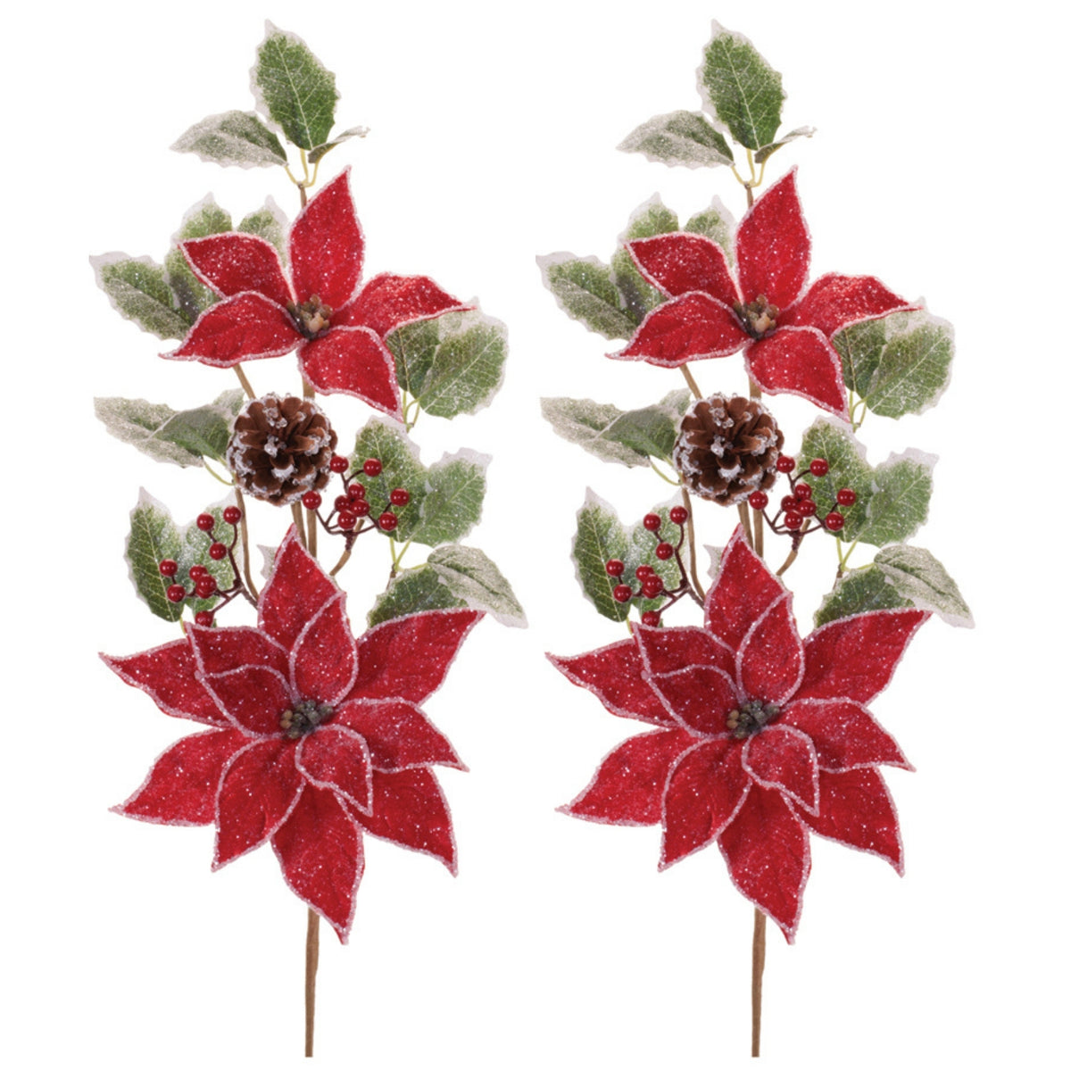 Poinsettia and Holly Spray (Set of 2) 27”H Polyester -Ship Only