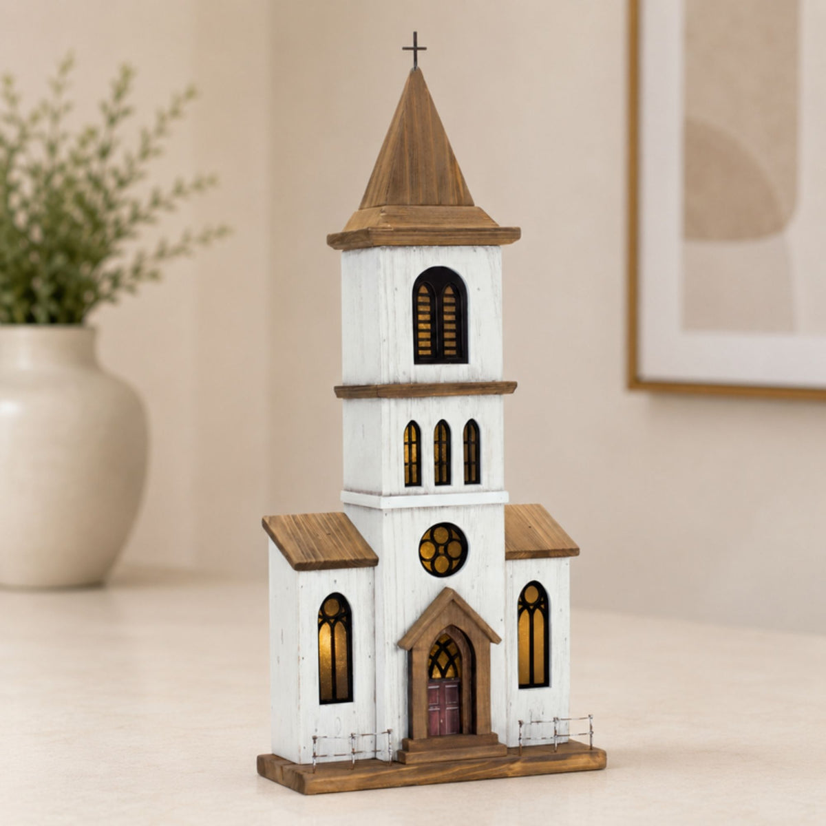 Lighted Natural Wooden Church Display with Rustic Metal Accents 25.25"H -Ship Only