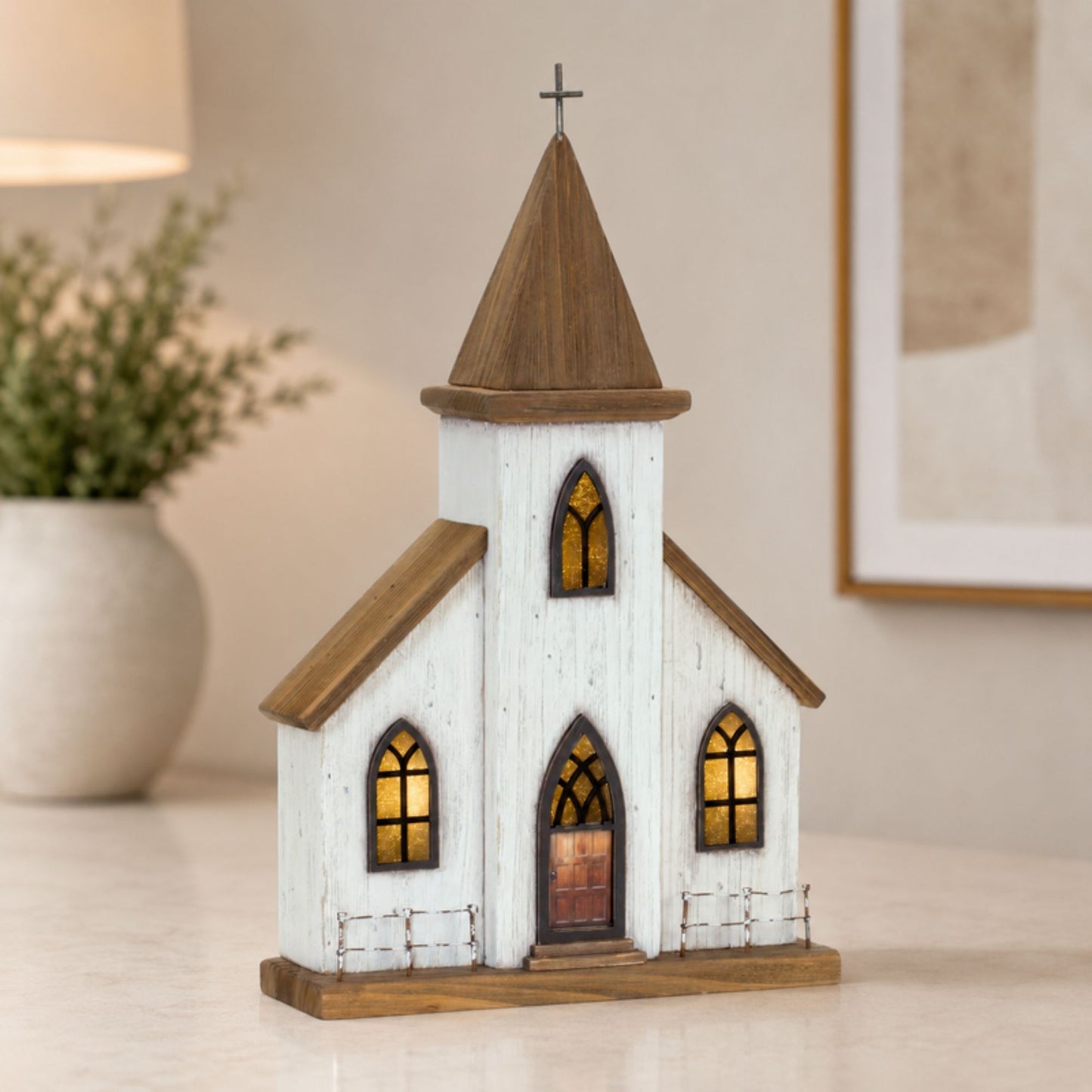 Lighted Natural Wooden Church Display with Rustic Metal Accents 17.5"H -Ship Only