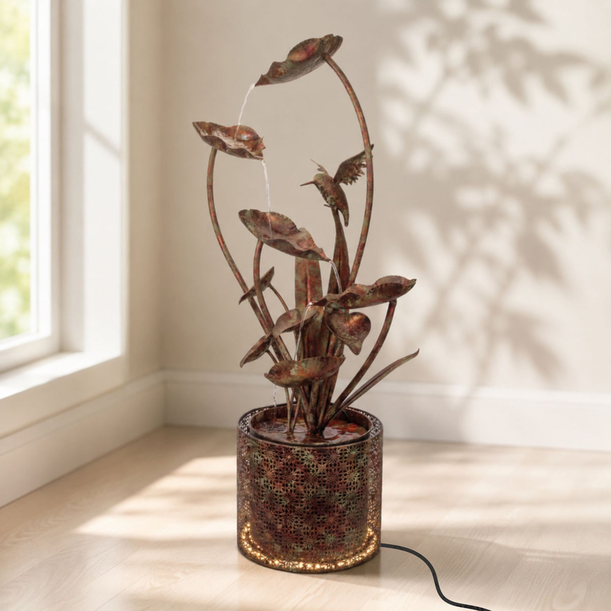 Cascading Iron Hummingbird and Leaf Fountain 42"H