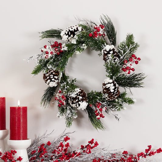 Snow Mixed Pine Berry Wreath 20"D -Ship Only