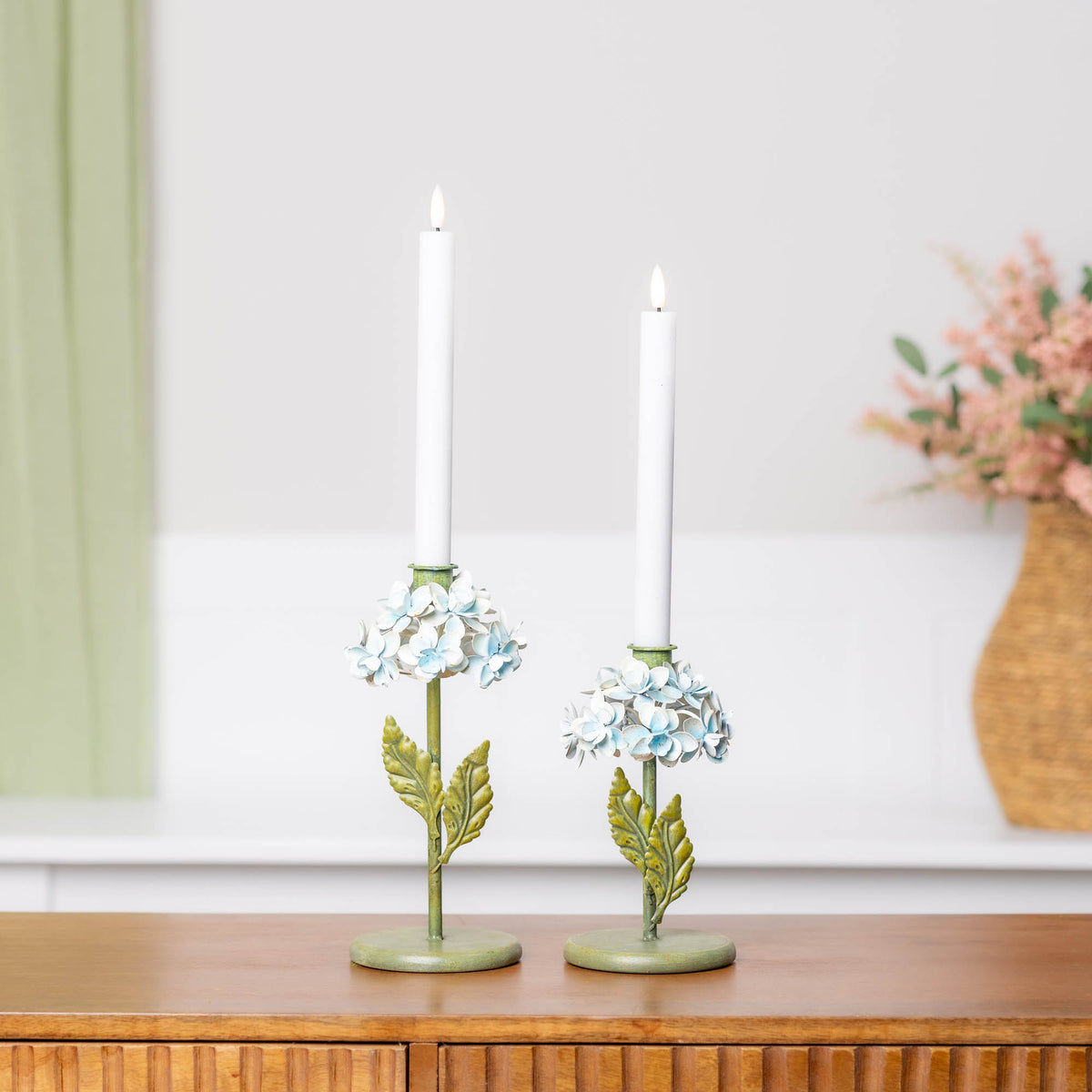 Hydrangea Taper Candle Holder (Set of 2) 7.25"H, 9.25"H Metal -Ship Only