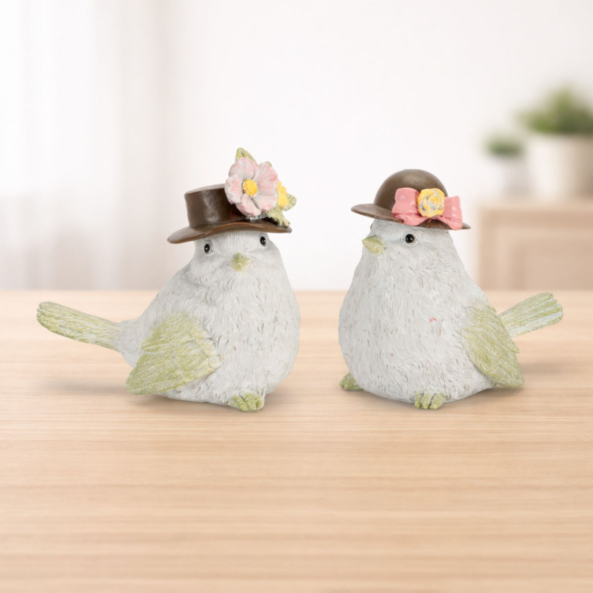 Bird w/Hat (Set of 2) 3.5"H, 4"H Resin -Ship Only