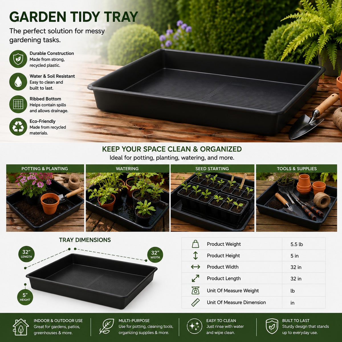 32" Black Square Garden Tray -Ship Only