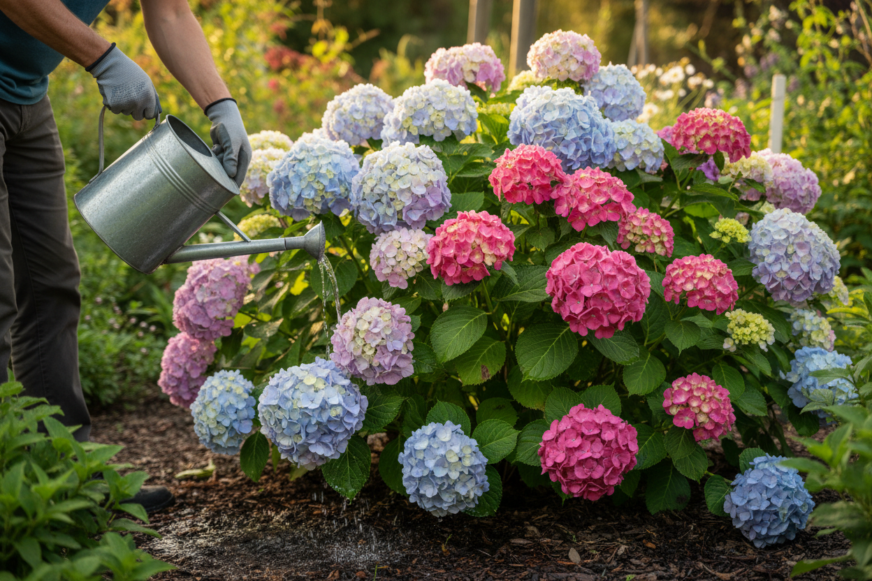 someone watering a hydrangea