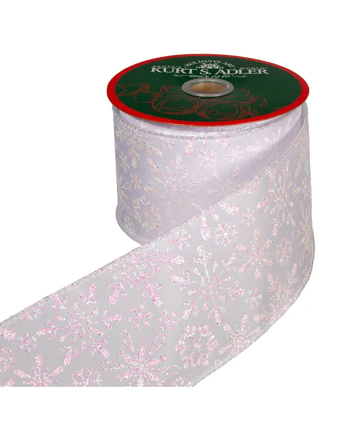 10 Yard White Iridescent Snowflake Patterned Double Wire Ribbon