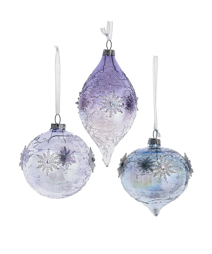 70MM-80MM Glass Lavender, Blue & Clear Iridescent Onion, Ball & Finial Ornament