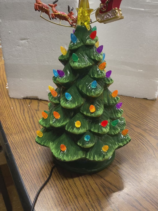 12” Lighted Ceramic Christmas Tree with Rotating Sleigh