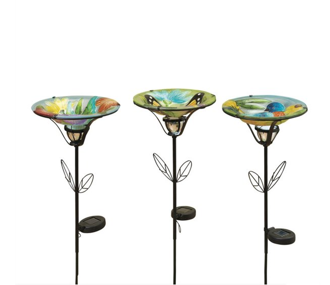 Solar Lighted Metal and Stained Glass Bird Bath