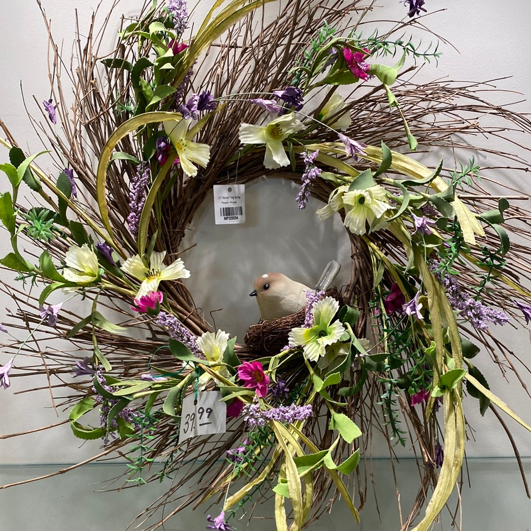 23” Natural Twig Spring Flowers Wreath