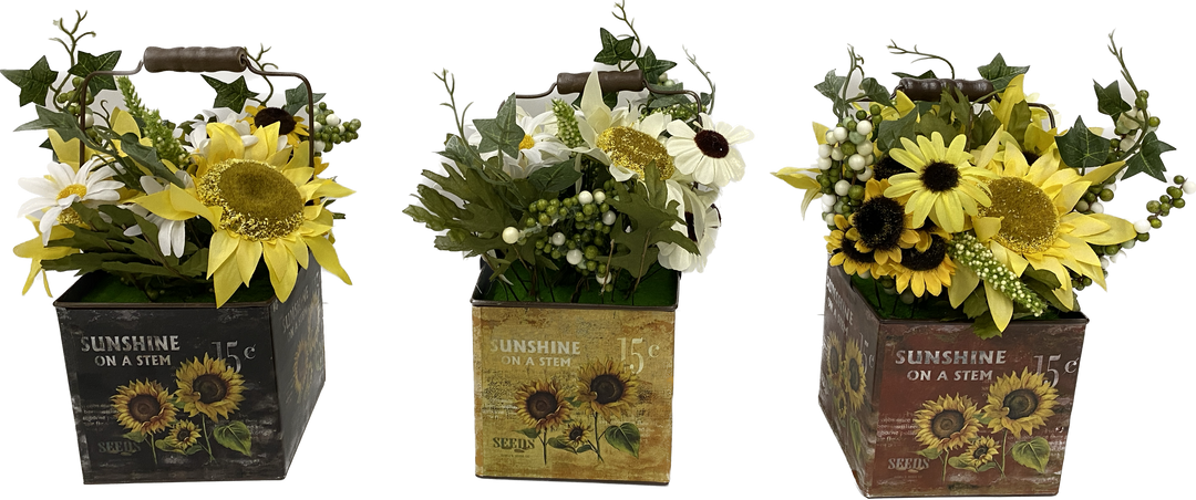 Daises and Sunflowers in Metal Sunflower Container