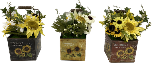 Daises and Sunflowers in Metal Sunflower Container