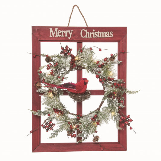 21.25”H Lighted Wood Holiday Window Wall Decor w/ Wreath & Cardinal