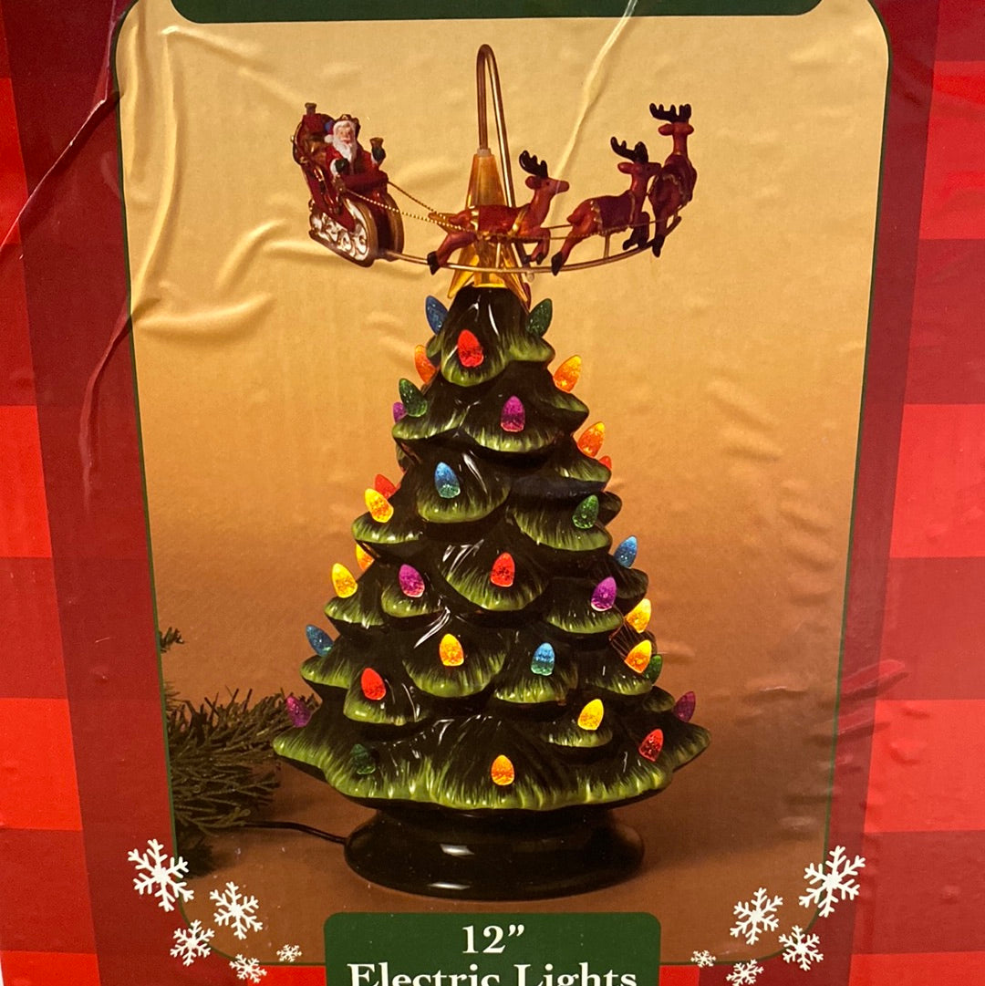 12” Lighted Ceramic Christmas Tree with Rotating Sleigh
