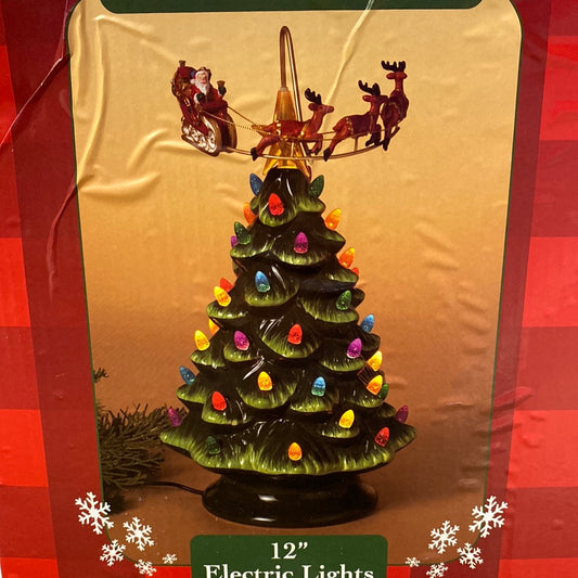 12” Lighted Ceramic Christmas Tree with Rotating Sleigh