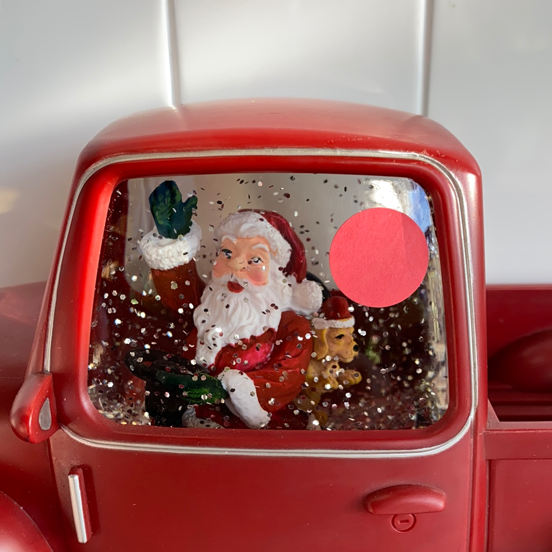 Red Truck Water Globe Lantern with Santa and Dog