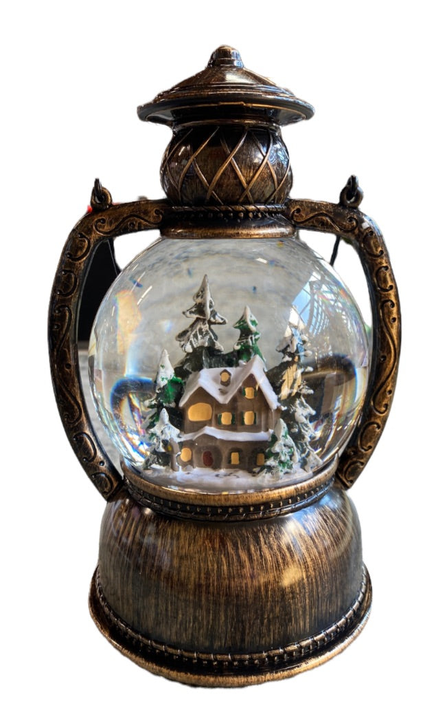 PP3 Lighted Spinning Water Globe Lantern Brown House