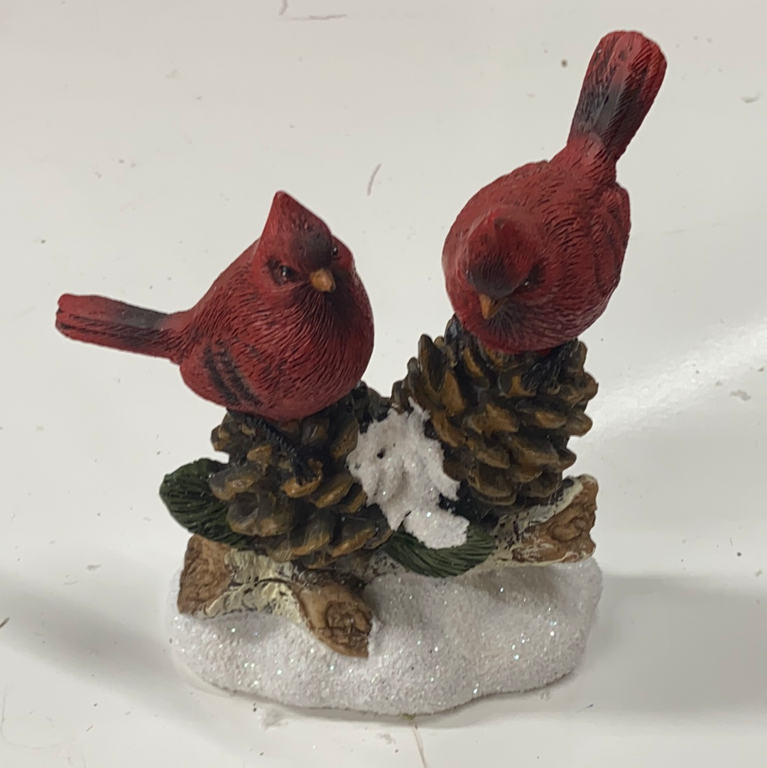 2 Cardinals Perched on 2 Pinecones (5.5"H)