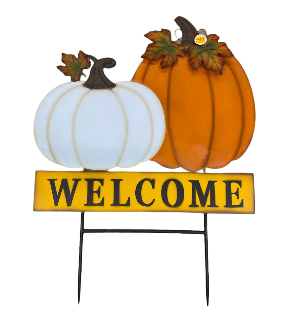 Metal “Welcome” 2 Pumpkins on Stake