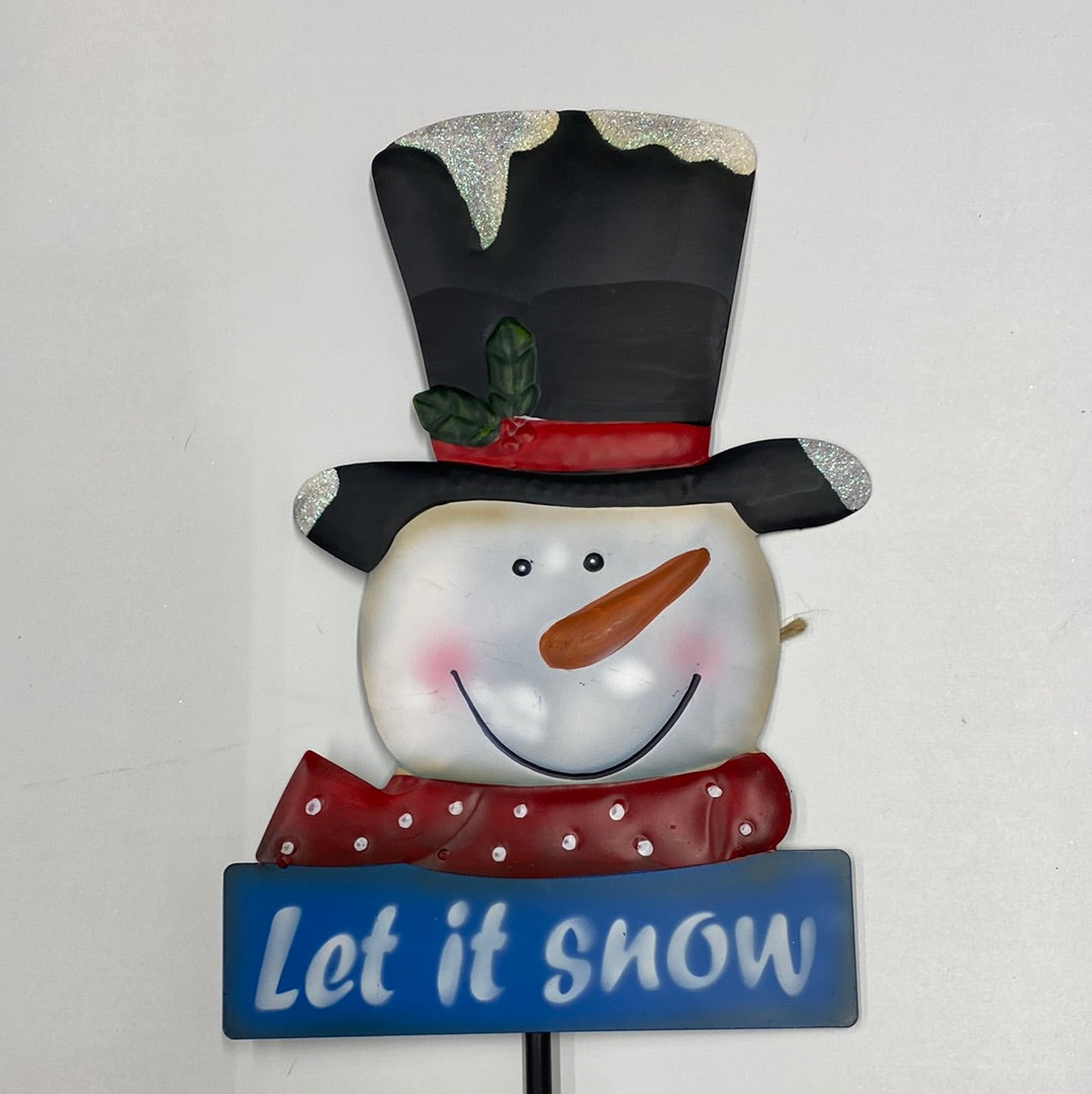 Metal Snowman Head on Pole Decor